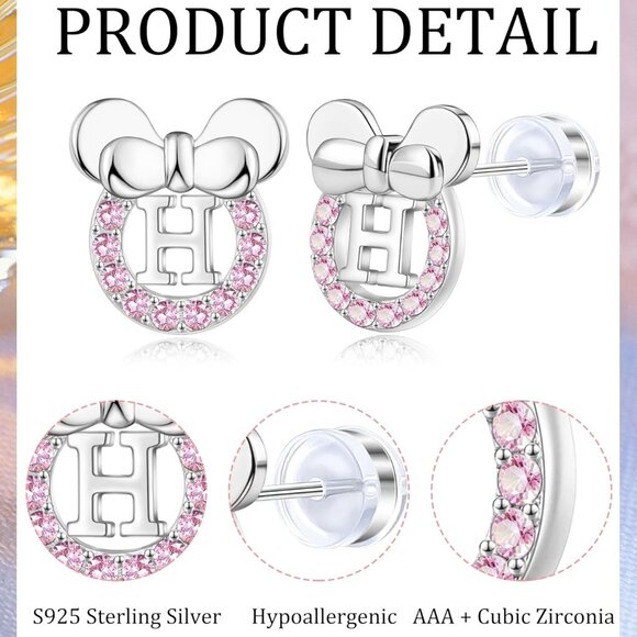 Pink Cubic Zirconia Sterling Silver Initial Stud Earrings for Girls - Picture 2 of 7